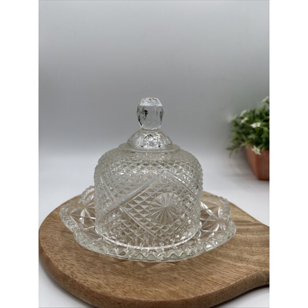 Vtg Avon Fostoria Diamond Cut Crystal Domed Butter Dish Preowned retro Farmhouse